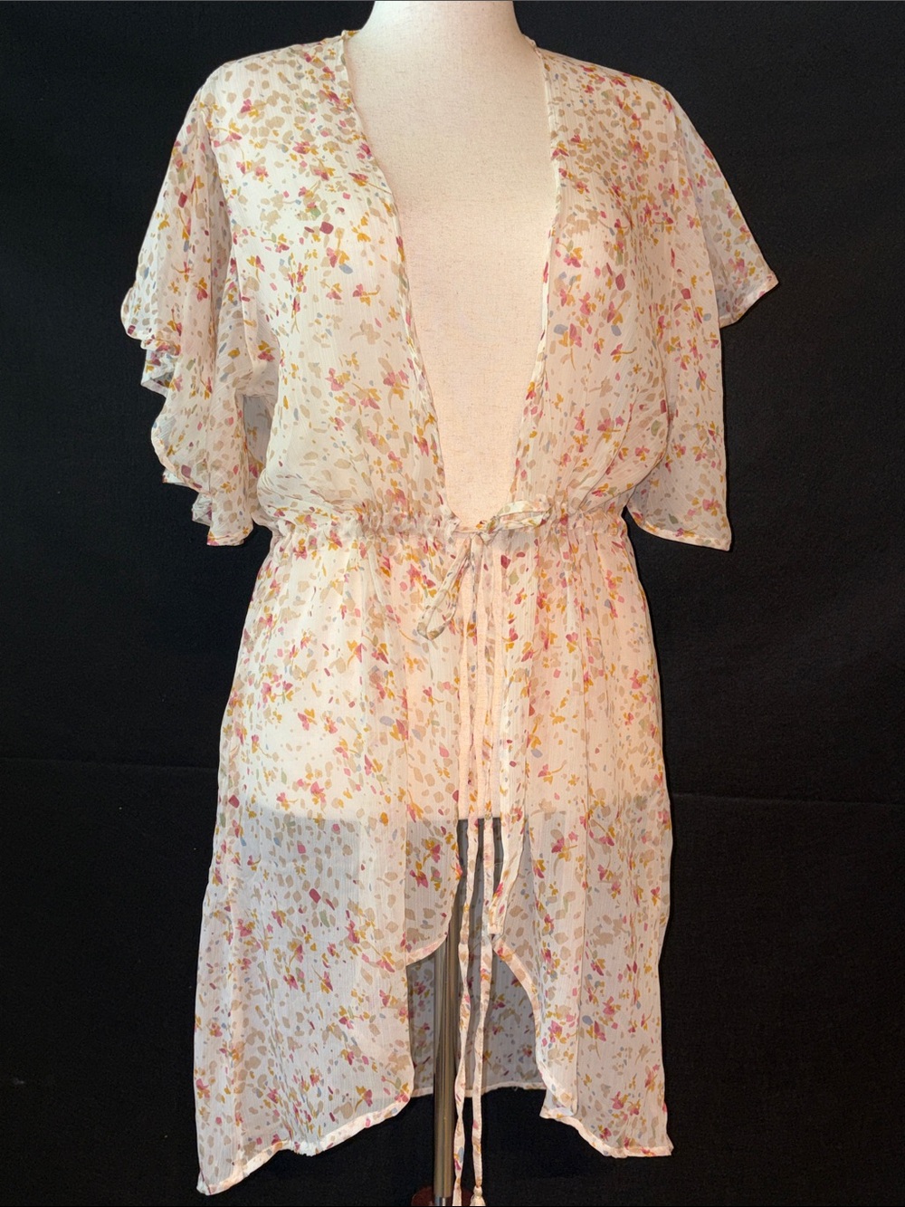 Sheer Floral Tie-Waist Cover Up in Ivory with Pink & Yellow Floral Print